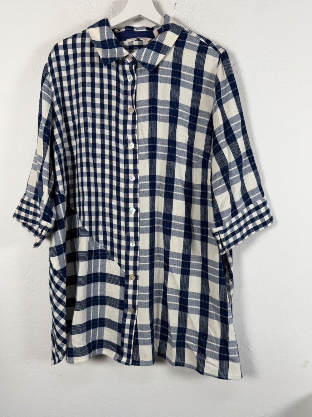 Soft Surroundings Huntleigh Tunic Navy Blue Asymmetric Plaid Twill Shirt 1X NWOT